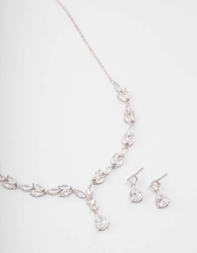 Silver Marquise Pear Necklace & Drop Earring Set Sleek Design Seasonal Sparkle