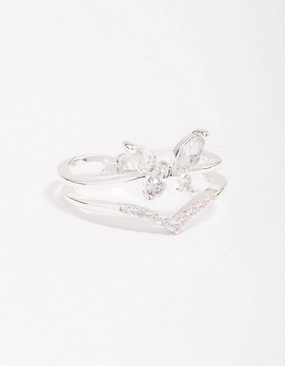Soft Contrast Sophisticated Charm Silver Plated Cubic Zirconia Butterfly Double Band Ring