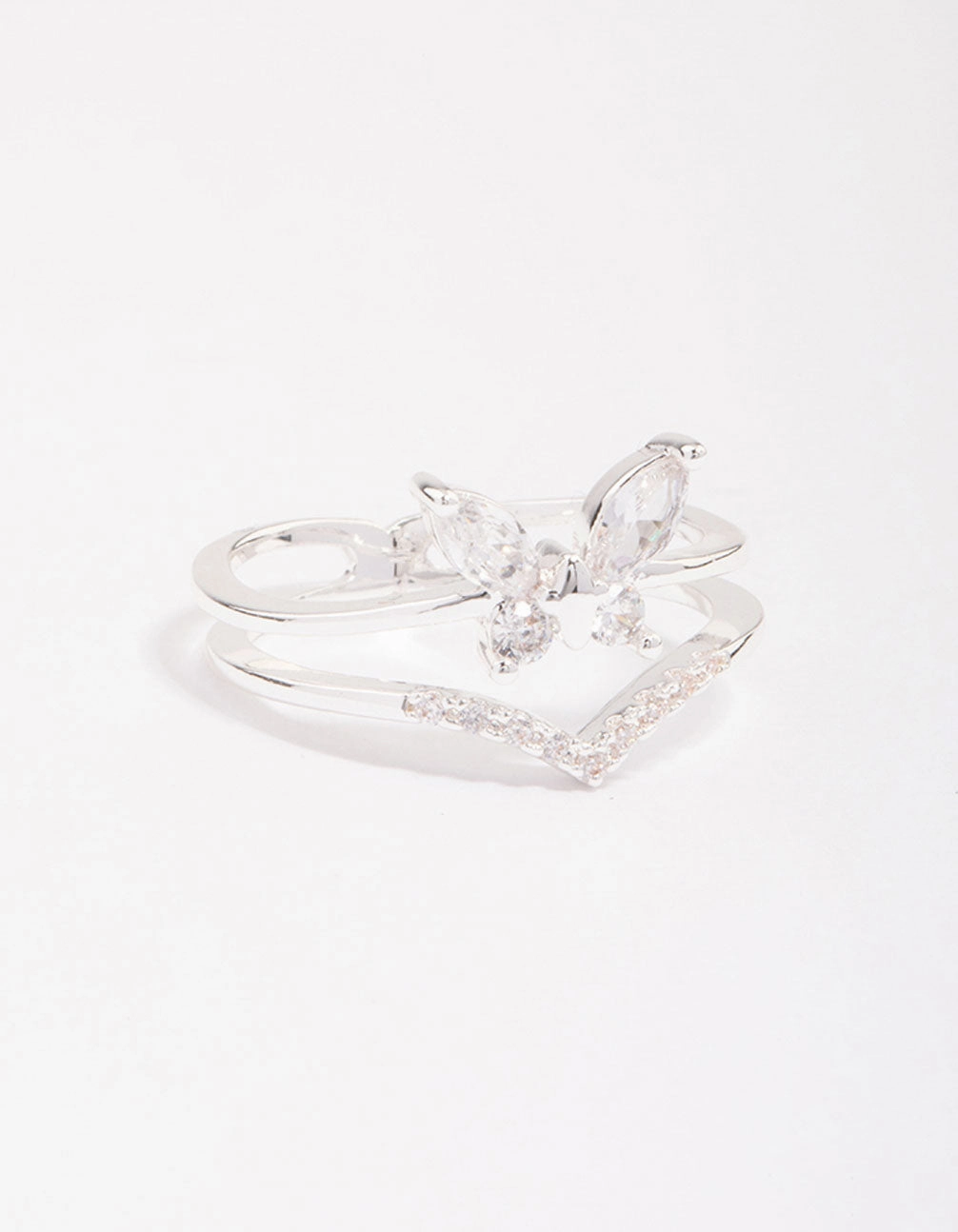 Soft Contrast Sophisticated Charm Silver Plated Cubic Zirconia Butterfly Double Band Ring