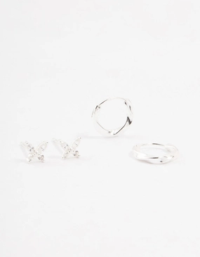 Polished Contour Sterling Silver Butterfly & Hoop Stud Earrings 2-Pack