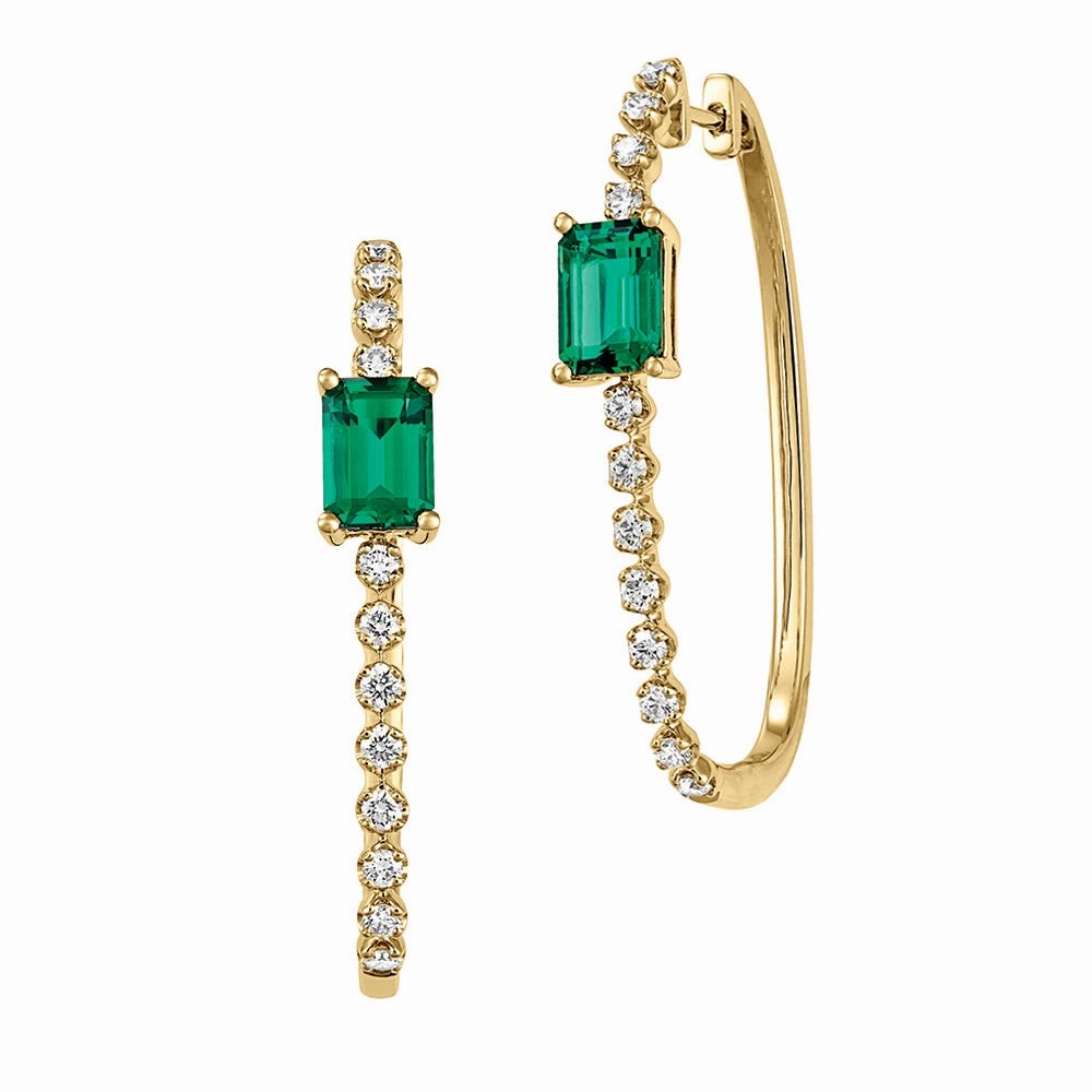 14K yellow gold hoop earrings with 7x5mm emerald-cut Chatham lab grown emeralds and Chatham lab grown diamond accents. Soft Contrast Bold Sparkle