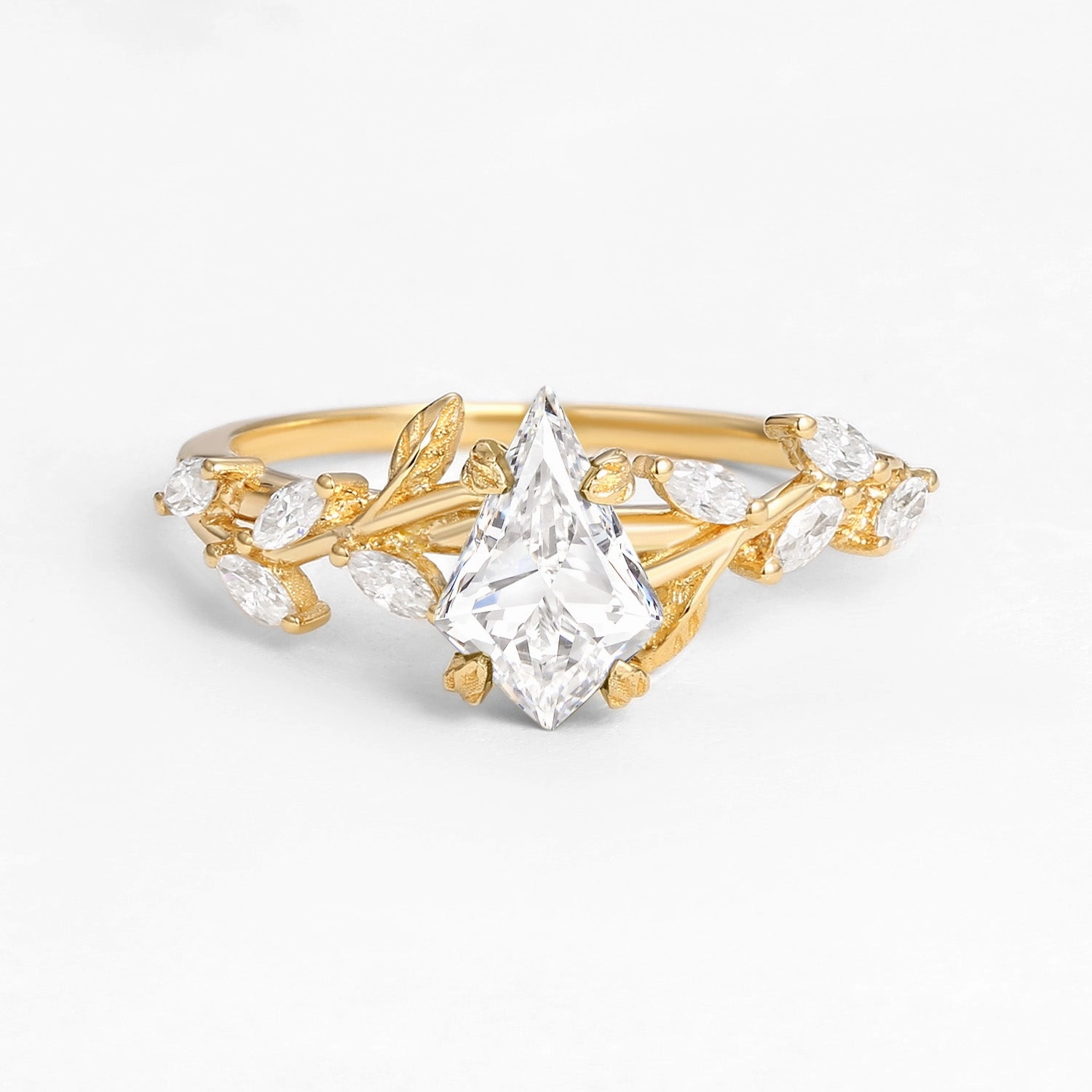 Kite Cut Clear Lab Grown Diamond Leafy Gold Engagement Ring Trendy Work Modern Touch