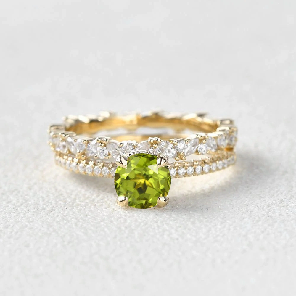 Robust design 1.0ct Round Peridot Cluster Vintage Gold Ring Set 2pcs