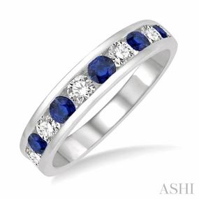 Sparkling Ornament 2.9 MM Sapphire and 1/2 Ctw Round Cut Diamond Precious Wedding Band in 14K White Gold