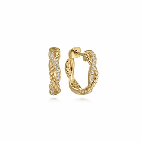 Polished Charm Layered Accent 14K Yellow Gold Diamond And Rope 15mm Huggie Earrings