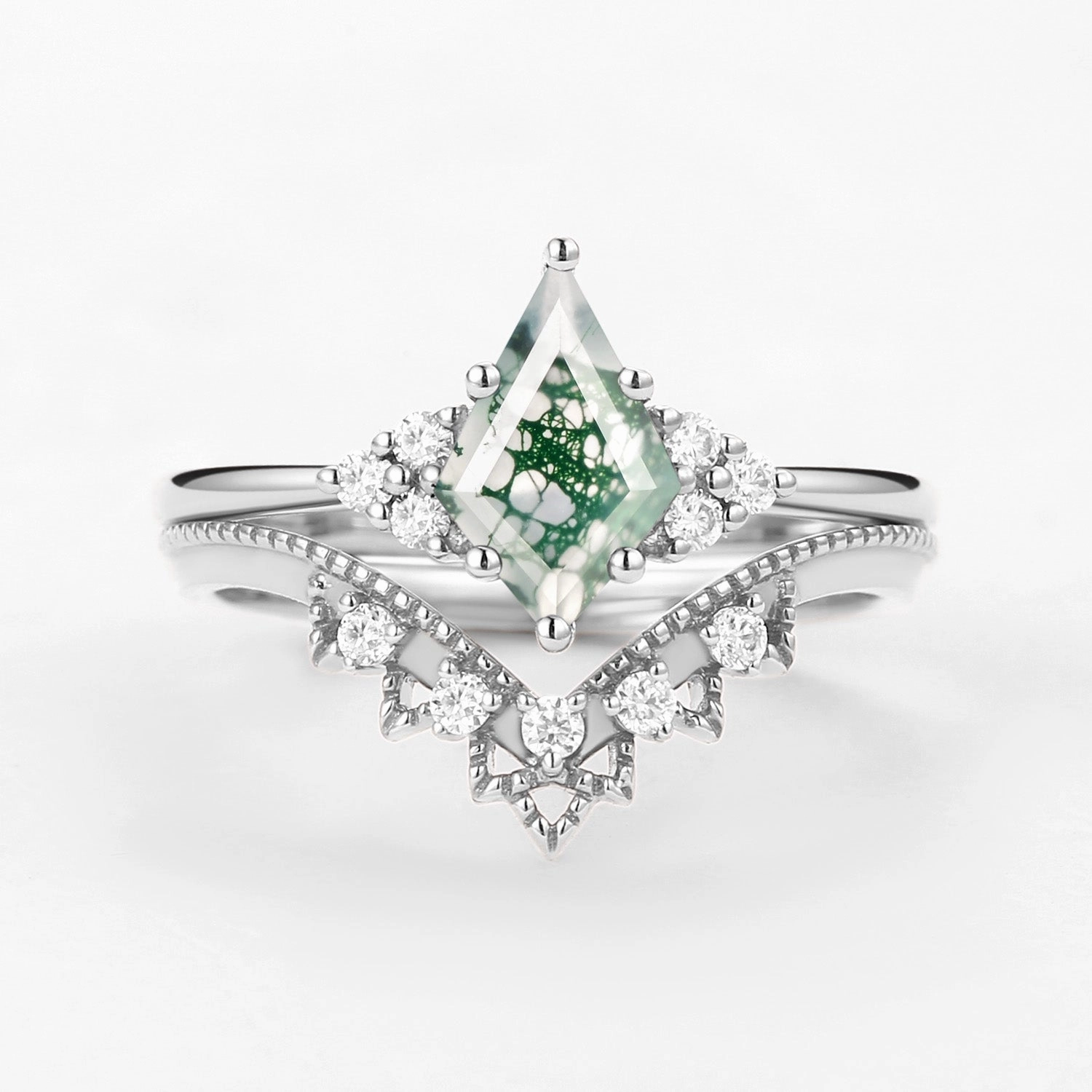 Smart Look Modern Product Signature Vintage Kite Cut Moss Agate Engagement Ring Set 2pcs