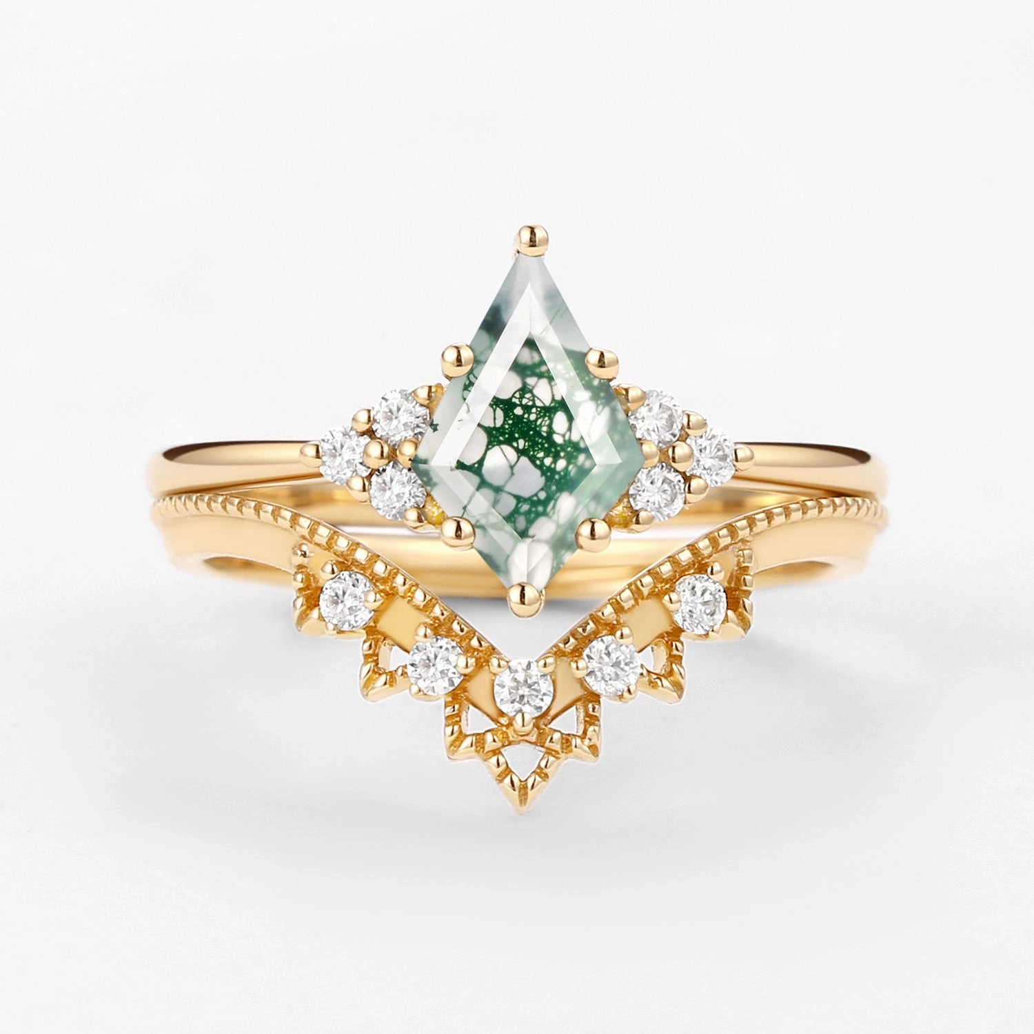 Signature Vintage Kite Cut Moss Agate Engagement Ring Set 2pcs Traditional Piece