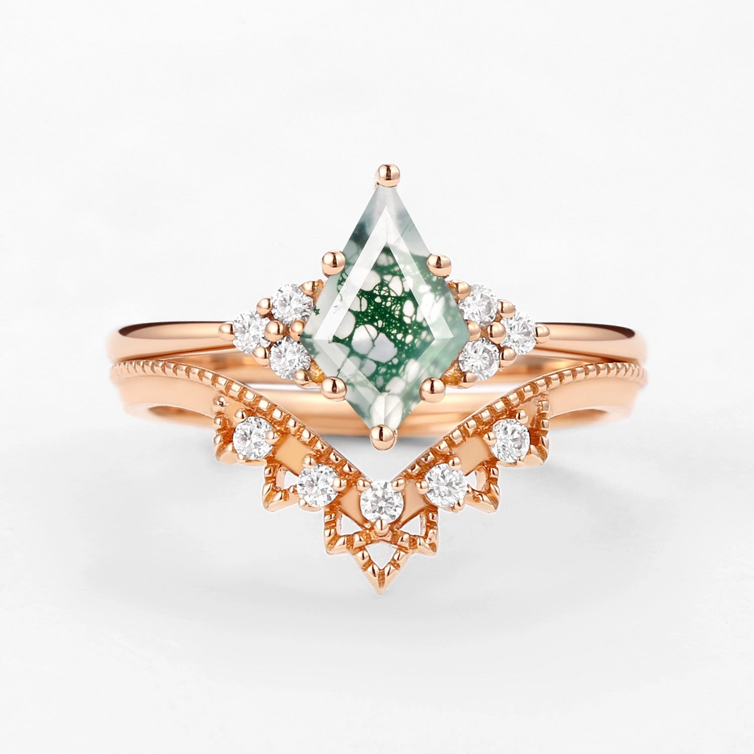 Signature Vintage Kite Cut Moss Agate Engagement Ring Set 2pcs Mass market