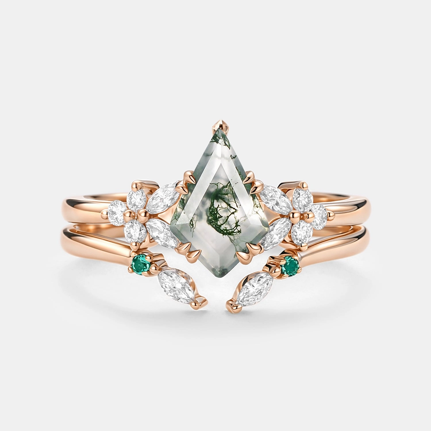Effortless Look Retro Inspired Kite Cut Moss Agate Cluster Engagement Ring Set 2pcs - Lumi