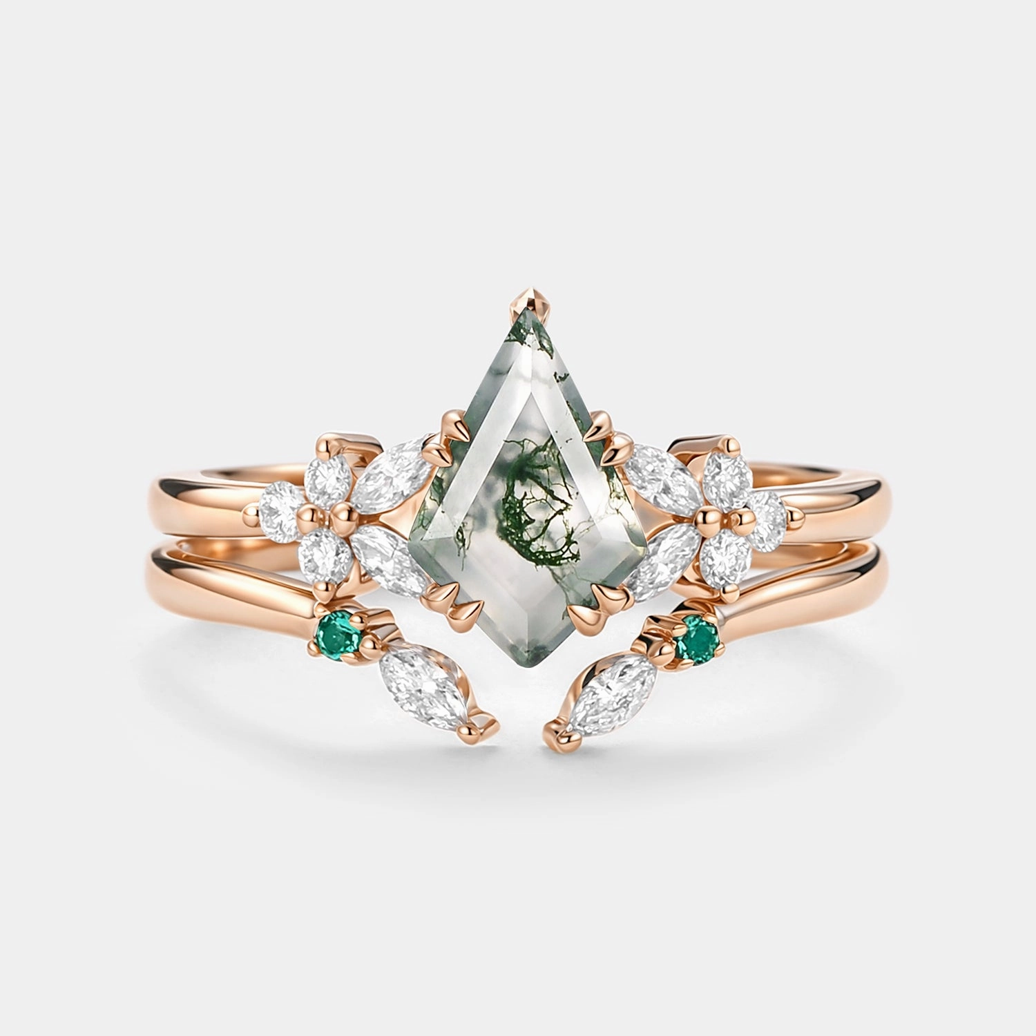 Kite Cut Moss Agate Cluster Engagement Ring Set 2pcs - Lumi Weekend Detail Timeless Piece
