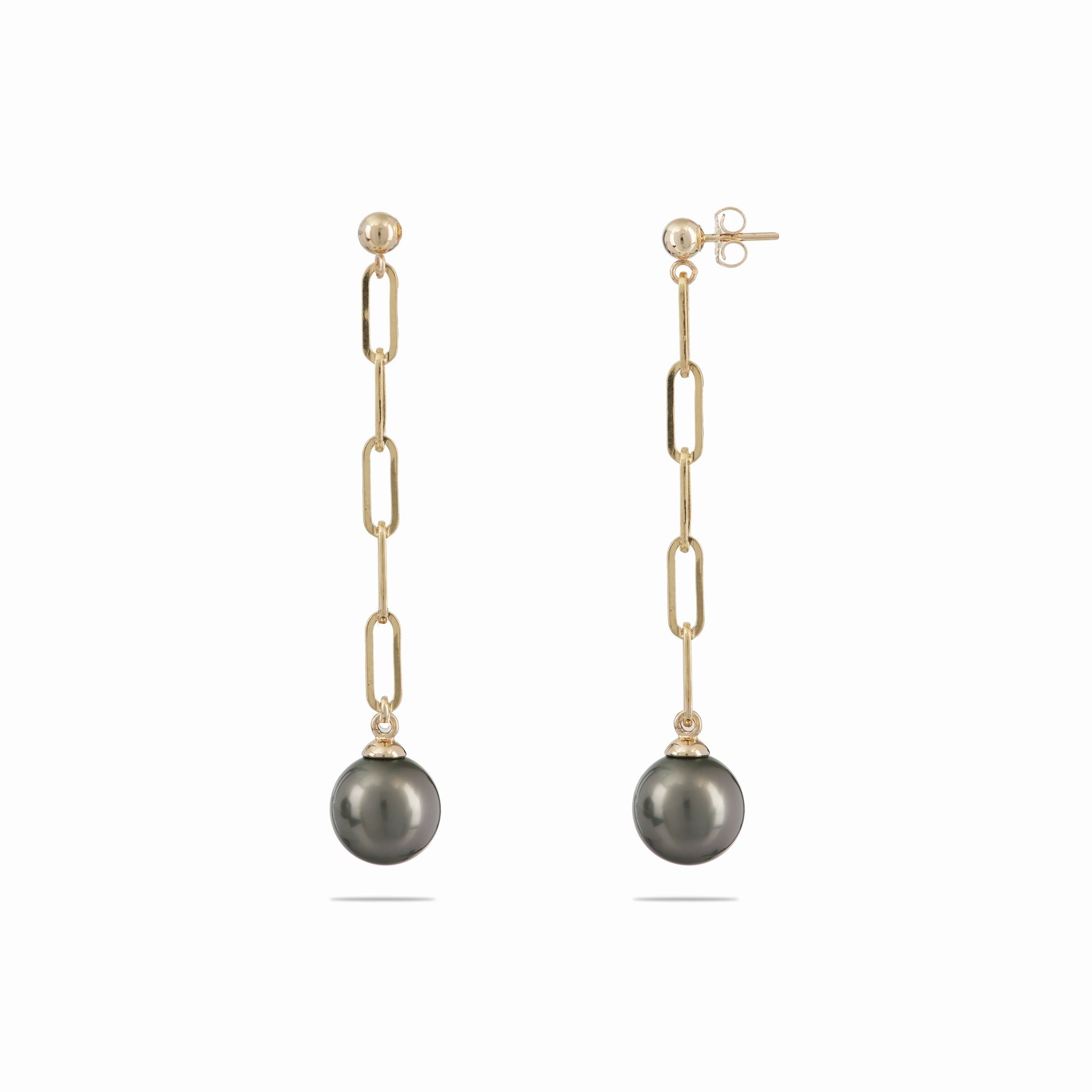 Tahitian Black Pearl Paperclip Chain Earrings in Gold - 10-11mm Classic Sparkle Glossy Vibe