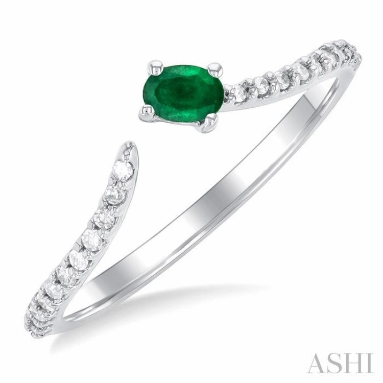 4X3 MM Oval Cut Emerald and 1/10 Ctw Petite Round Cut Diamond Precious Fashion Ring in 10K White Gold Simple Bauble