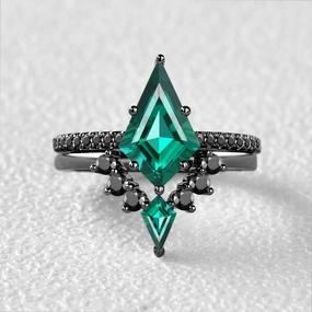 Black Gold Women Unique Kite Emerald Engagement Ring Sets 2pcs Light Feel All Day Look