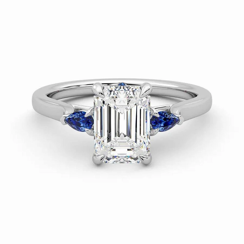 Three Stone Emerald Cut Moissanite Engagement Ring with Hidden Anniversary Stone Accent Gift Option