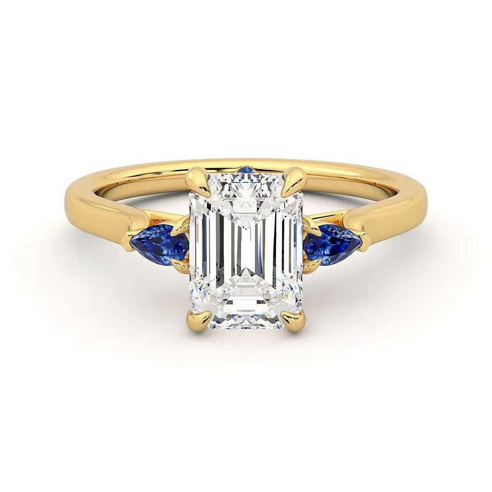 Elegant Accent Distinct Piece Three Stone Emerald Cut Moissanite Engagement Ring with Hidden Anniversary Stone Accent