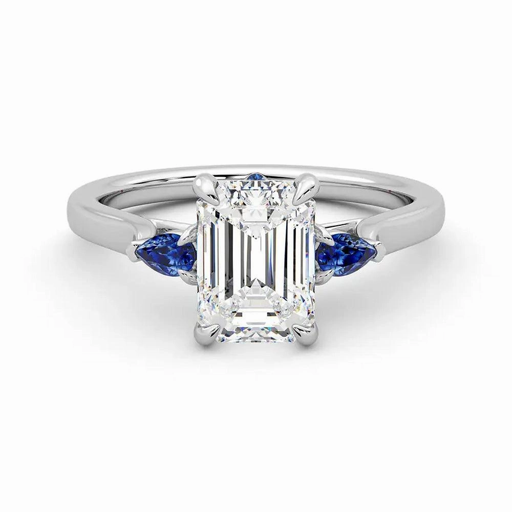 Shiny Treasures Three Stone Emerald Cut Moissanite Engagement Ring with Hidden Anniversary Stone Accent