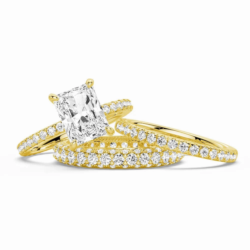 Bold Pieces Design Expressive Feature Solitaire Radiant Cut Moissanite Ring Set with Matching Stacking Band