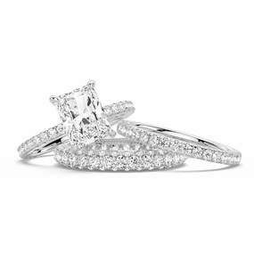 Quick Style Classic Detail Solitaire Radiant Cut Moissanite Ring Set with Matching Stacking Band