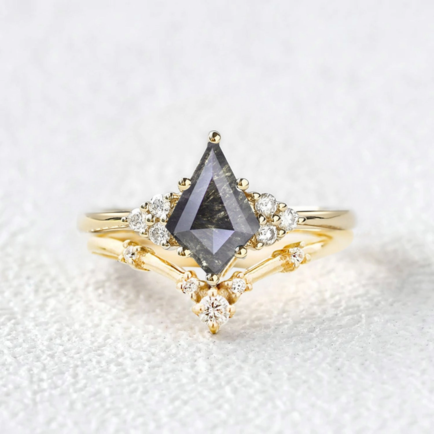 Eco Friendly Salt and Pepper Diamonds Stacking Gold Engagement Ring Sets 2PCS