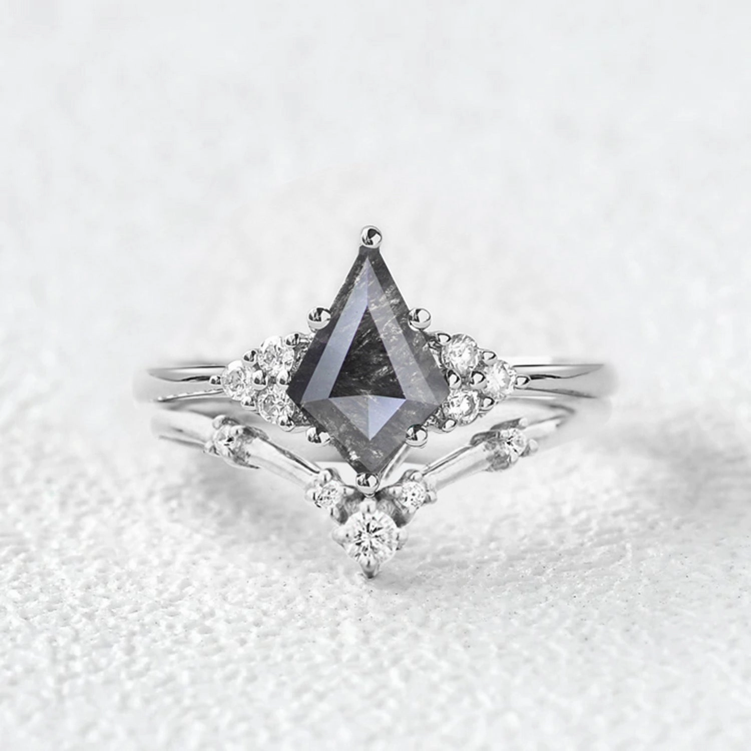 Salt and Pepper Diamonds Stacking Gold Engagement Ring Sets 2PCS Guarantee Backed Chic Gift