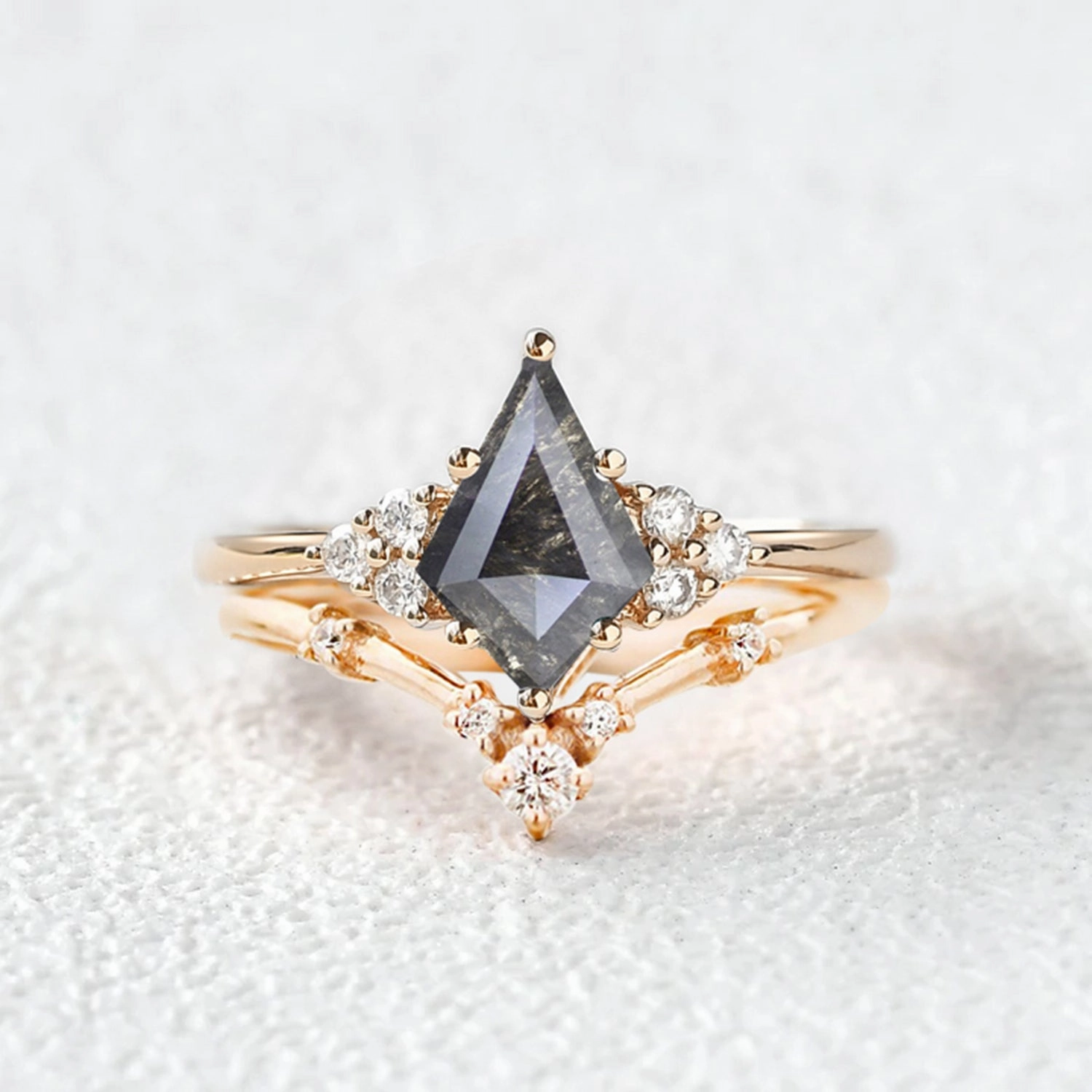 Salt and Pepper Diamonds Stacking Gold Engagement Ring Sets 2PCS Branded Work Minimalist Art