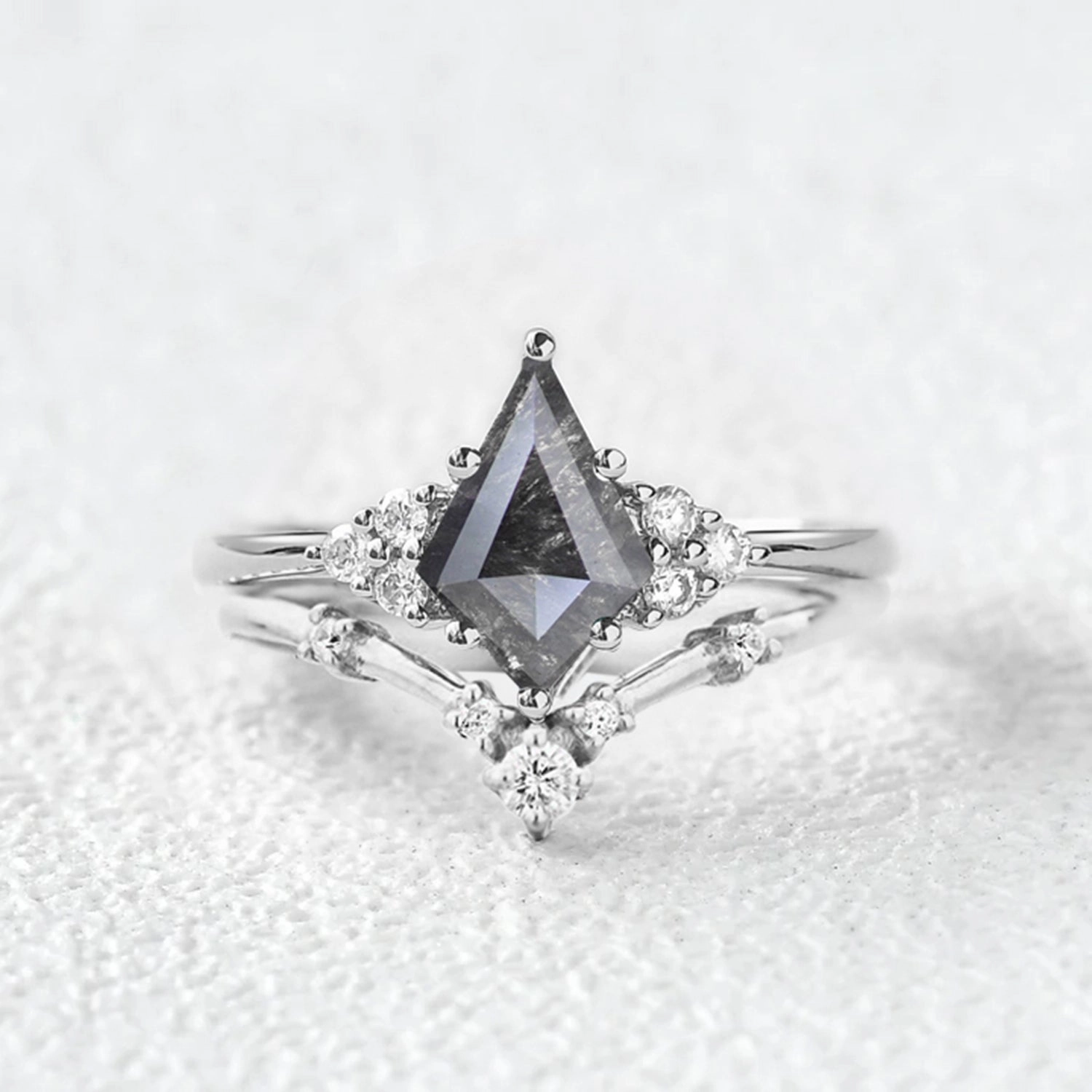 Salt and Pepper Diamonds Stacking Gold Engagement Ring Sets 2PCS Photo Look