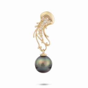 Timeless Look Design Ocean Dance Jellyfish Tahitian Black Pearl Pendant in Gold with Diamonds - 9-10mm