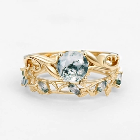 Moss Agate Round Shaped Leafy Marquise Engagement Ring Sets Glam Mode