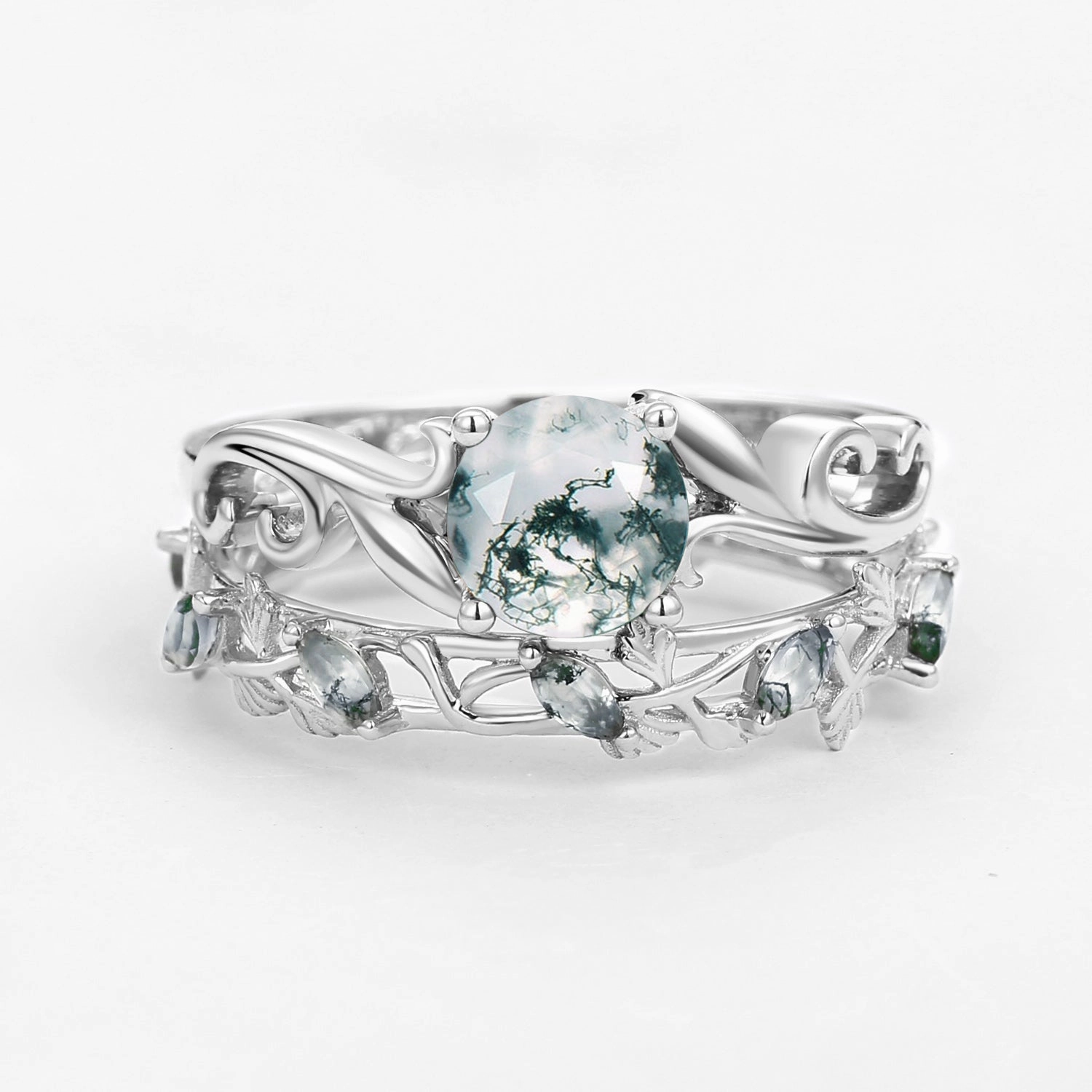 Artisan Crafted Moss Agate Round Shaped Leafy Marquise Engagement Ring Sets