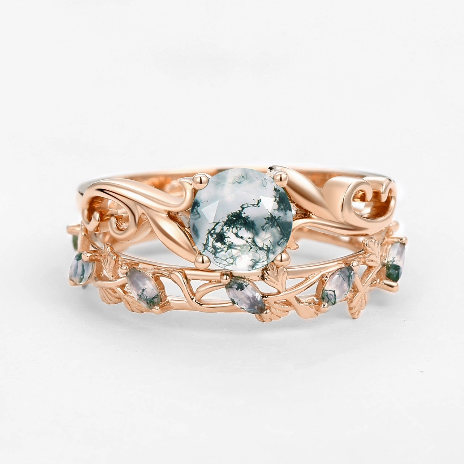 Moss Agate Round Shaped Leafy Marquise Engagement Ring Sets Crystal Clear