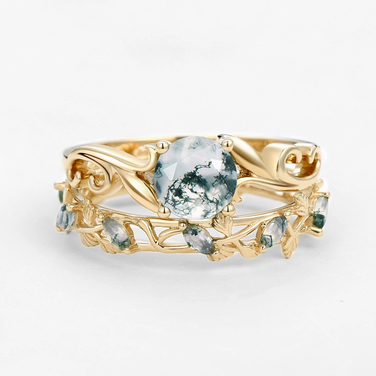 Moss Agate Round Shaped Leafy Marquise Engagement Ring Sets Fine Product Timeless Spark