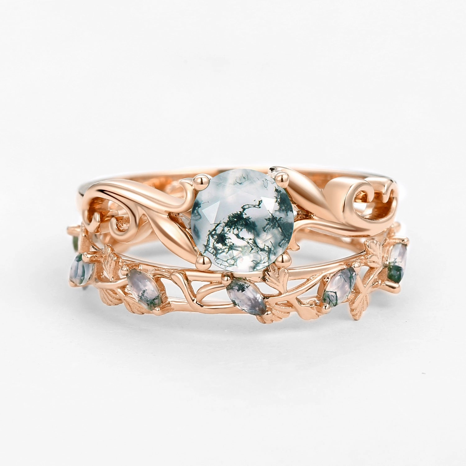 Personal Craft Moss Agate Round Shaped Leafy Marquise Engagement Ring Sets