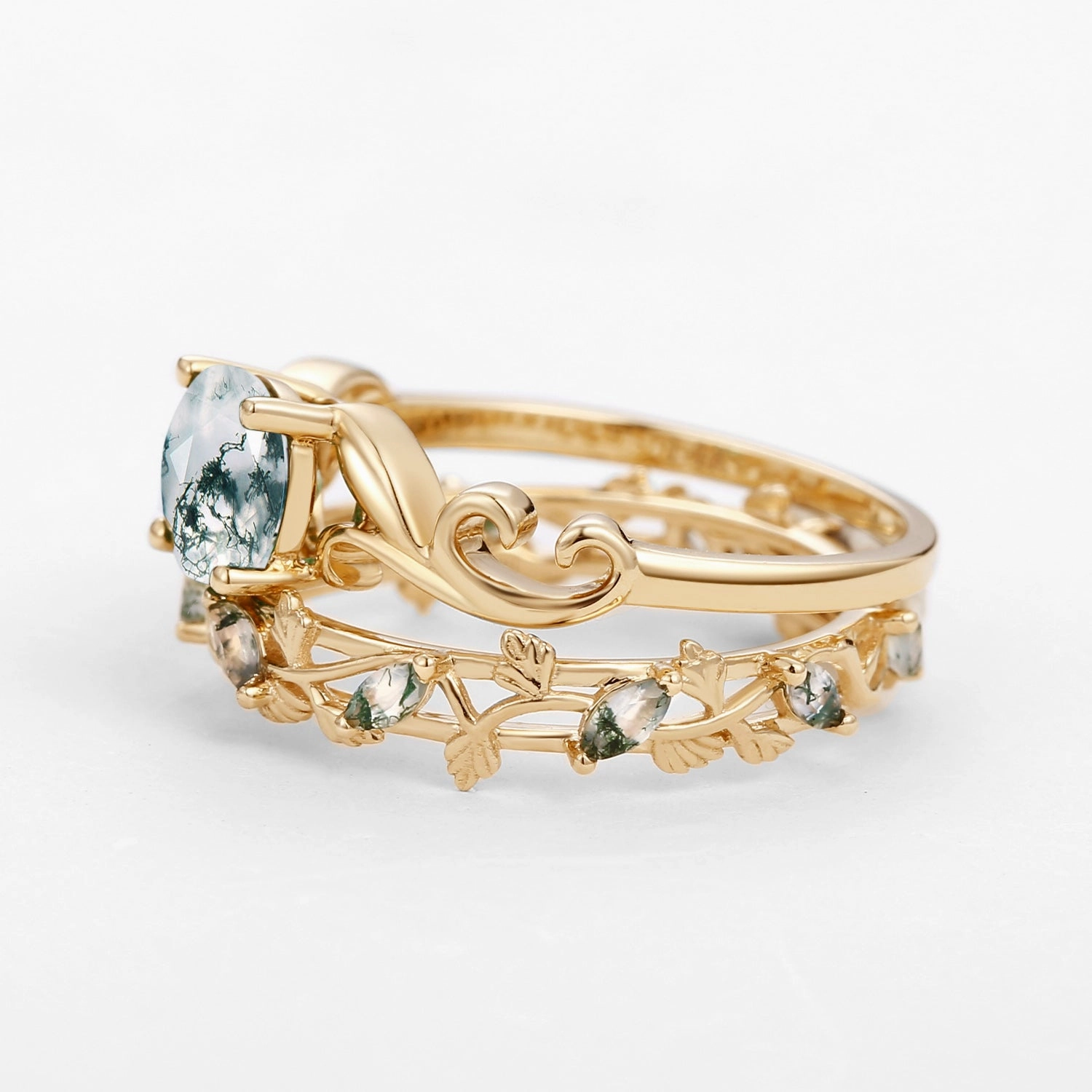 Neat Detail Moss Agate Round Shaped Leafy Marquise Engagement Ring Sets