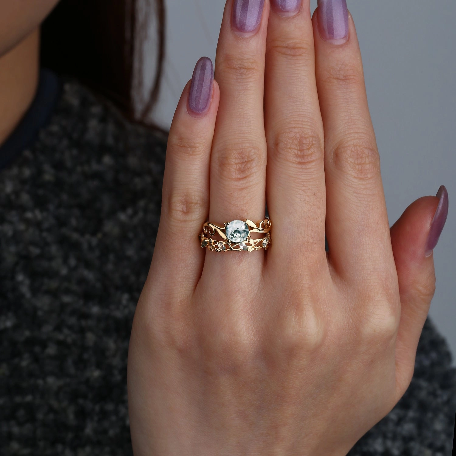 Moss Agate Round Shaped Leafy Marquise Engagement Ring Sets Pure Highlight