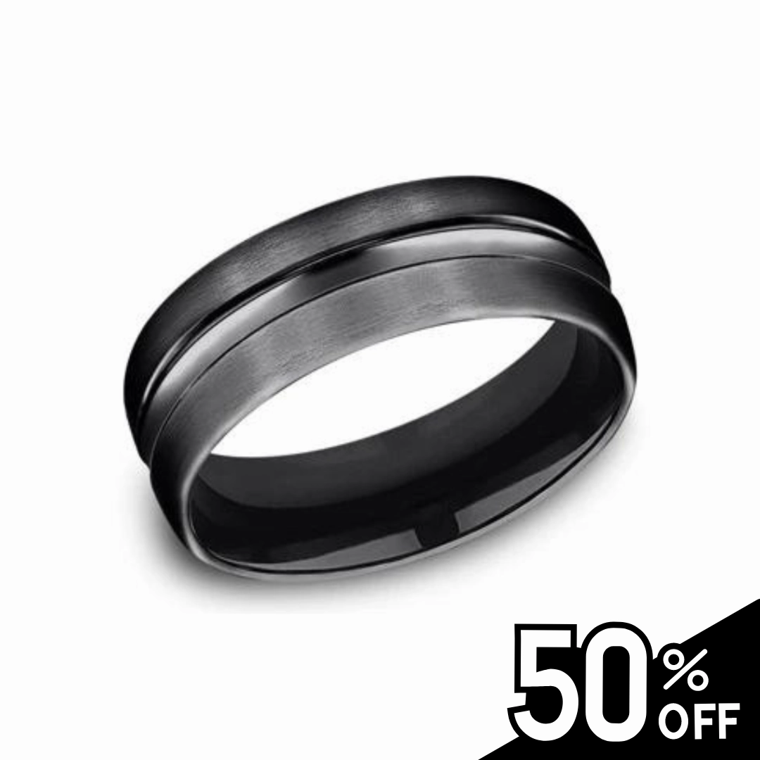 Signed Piece Black Titanium Wedding Band with High Polished Center