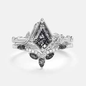 Kite Cut Black Rutilated Quartz Leafy Engagement Ring Sets 2pcs - Lark Day To Night Designer Object