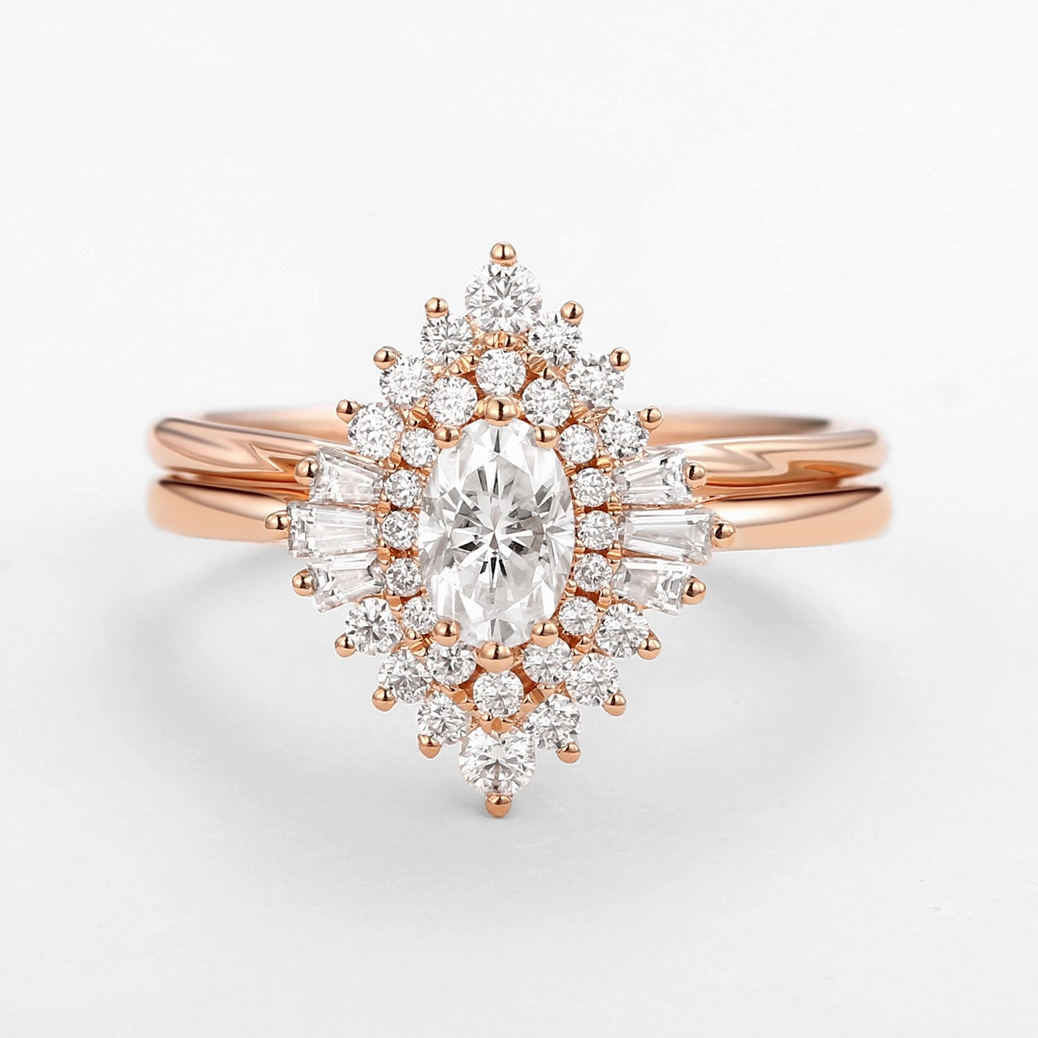 Art Deco Moissanite Minimalist Halo Ring Set 2pcs - Valerie Fashionable Article Stylish Jewelry