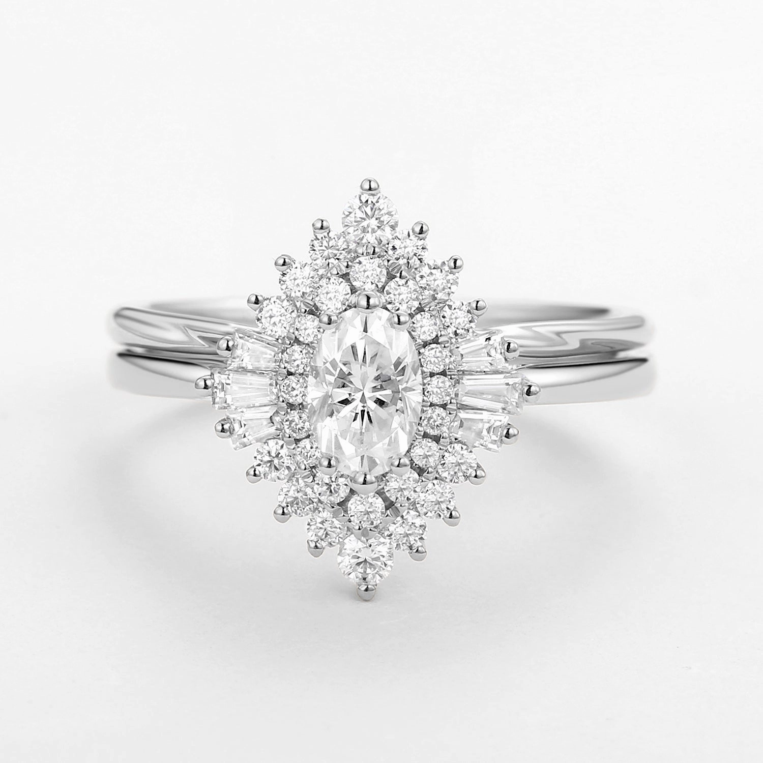 Art Deco Moissanite Minimalist Halo Ring Set 2pcs - Valerie Precious Glow