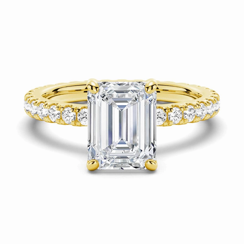 festival look Light Detail Emerald Cut Moissanite Engagement Ring With Eternity Pave Band