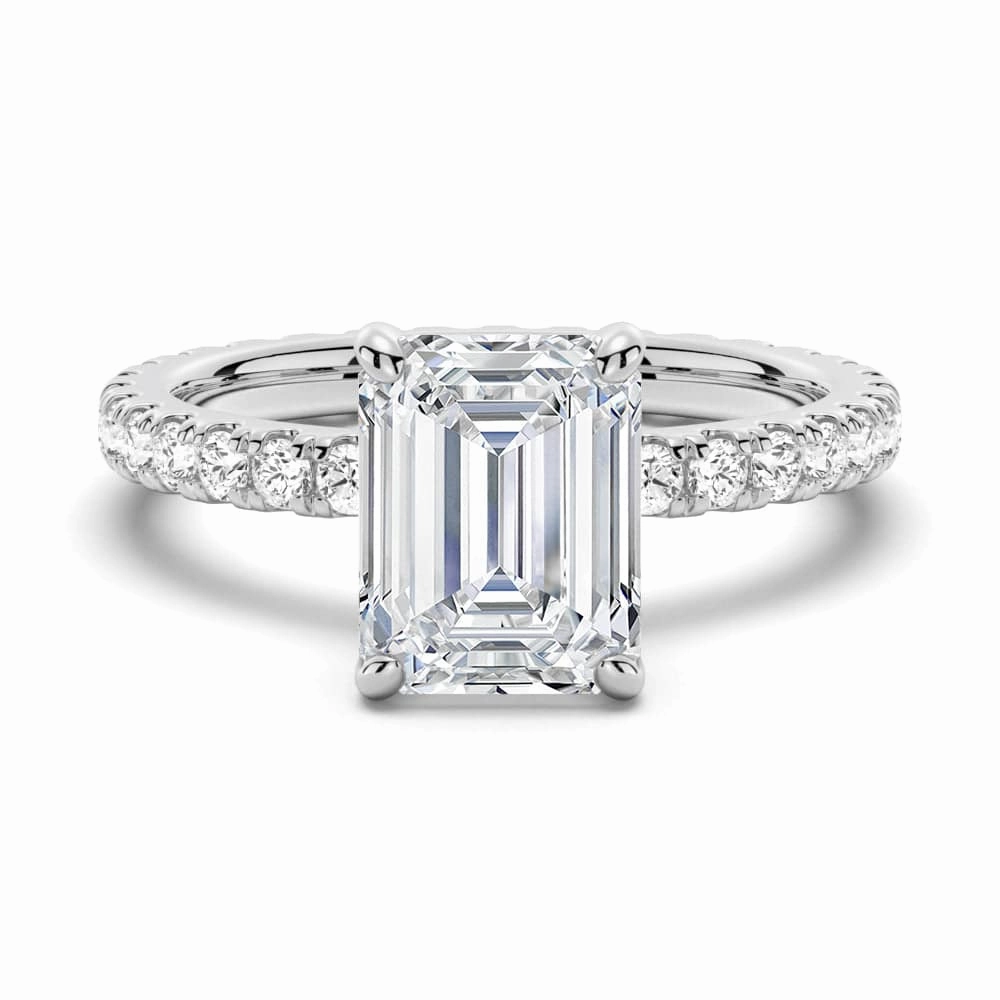 Emerald Cut Moissanite Engagement Ring With Eternity Pave Band Statement Edge