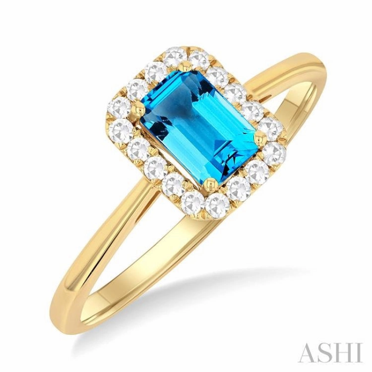 Seasonal accessory 6x4 MM Octagonal Shape Blue Topaz and 1/6 Ctw Round Cut Diamond Halo Semi-Precious Ring in 14K Yellow Gold