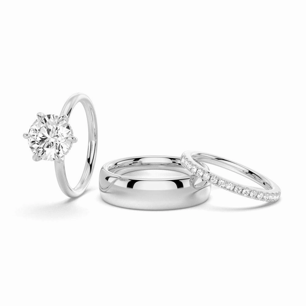 Radiant Form Evening Accent Six Prong Solitaire Moissanite Couple's Ring Set with Men's Wedding Band