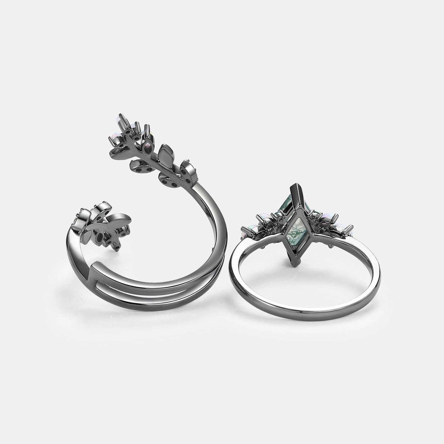 Vibrant Look Shine Moment Black Gold Moss Agate & Opal & Emerald Cage Leafy Engagement Ring 2pcs - Knight