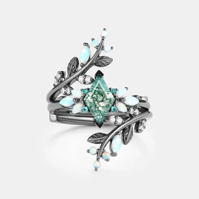 Black Gold Moss Agate & Opal & Emerald Cage Leafy Engagement Ring 2pcs - Knight Soft Spark