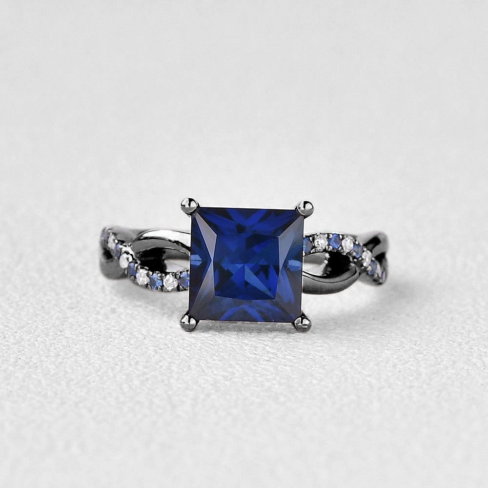 Black Gold Blue Sapphire & Moissanite Retro Style Ring Charming Jewelry