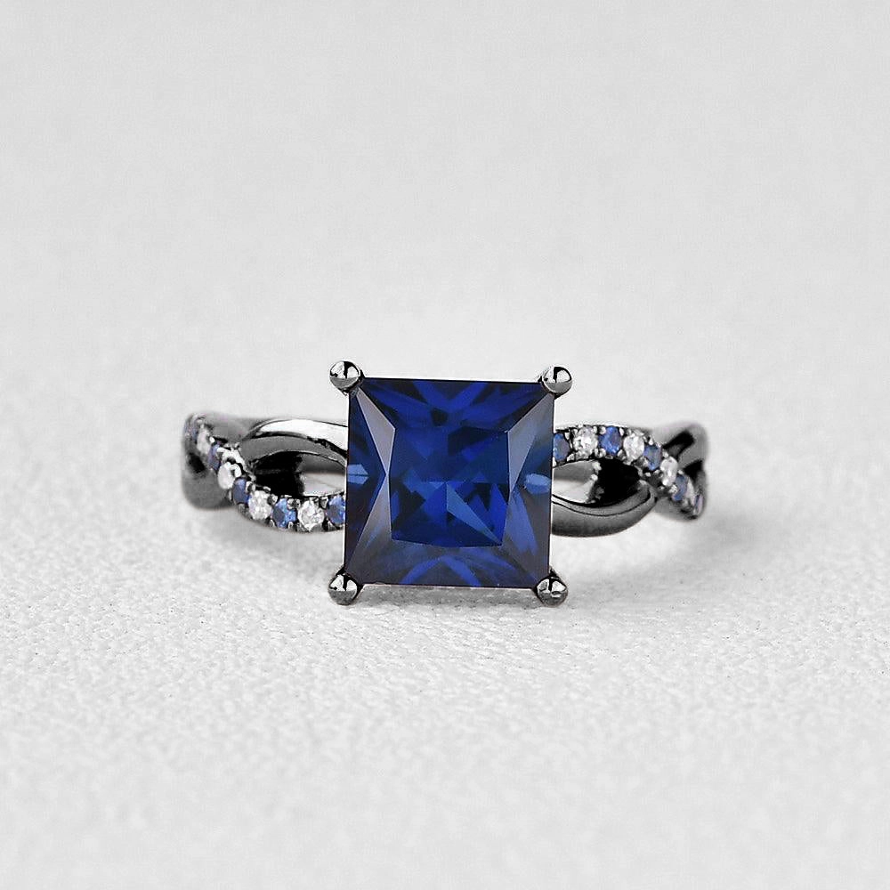 Black Gold Blue Sapphire & Moissanite Retro Style Ring Petite Touch Bold Emblem