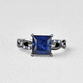 Black Gold Blue Sapphire & Moissanite Retro Style Ring Charming Jewelry