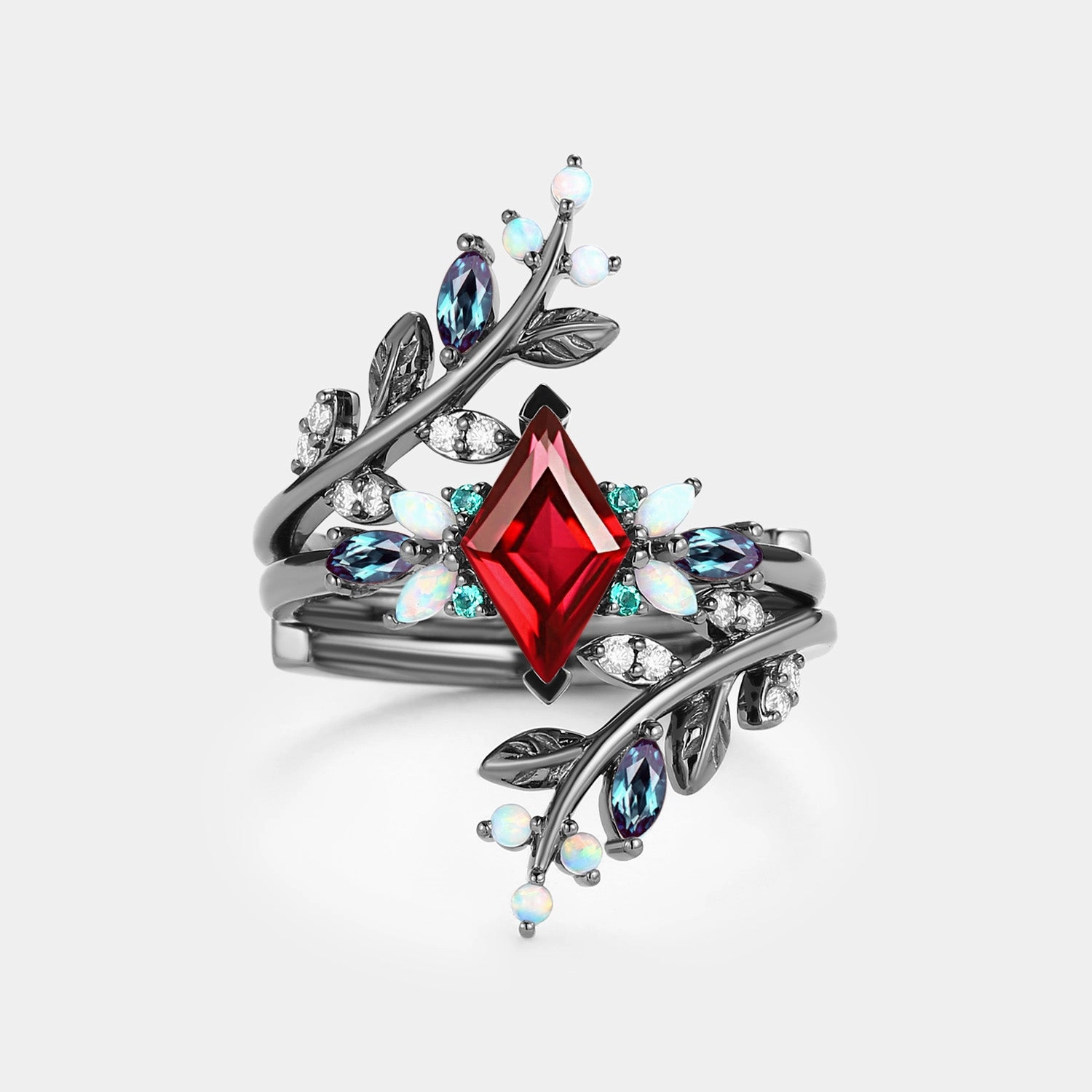 Black Gold Ruby & Opal & Emerald Cage Leafy Engagement Ring 2pcs - Knight Sparkling Item Refined Finish