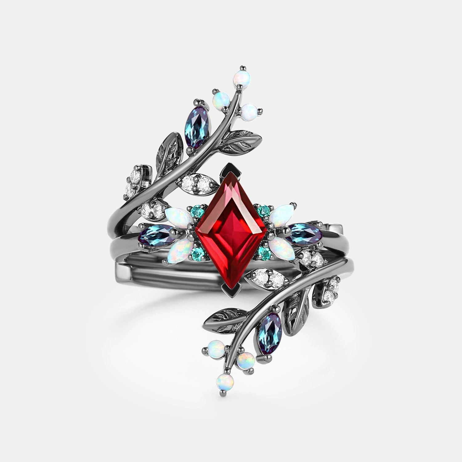Gentle Motion Black Gold Ruby & Opal & Emerald Cage Leafy Engagement Ring 2pcs - Knight