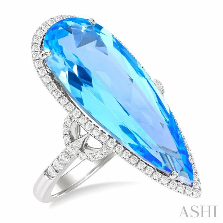 Practical Style Beautiful Design 26X10 MM Pear Cut Blue Topaz and 1/2 Ctw Round Cut Diamond Halo Semi-Precious Ring in 14K White Gold